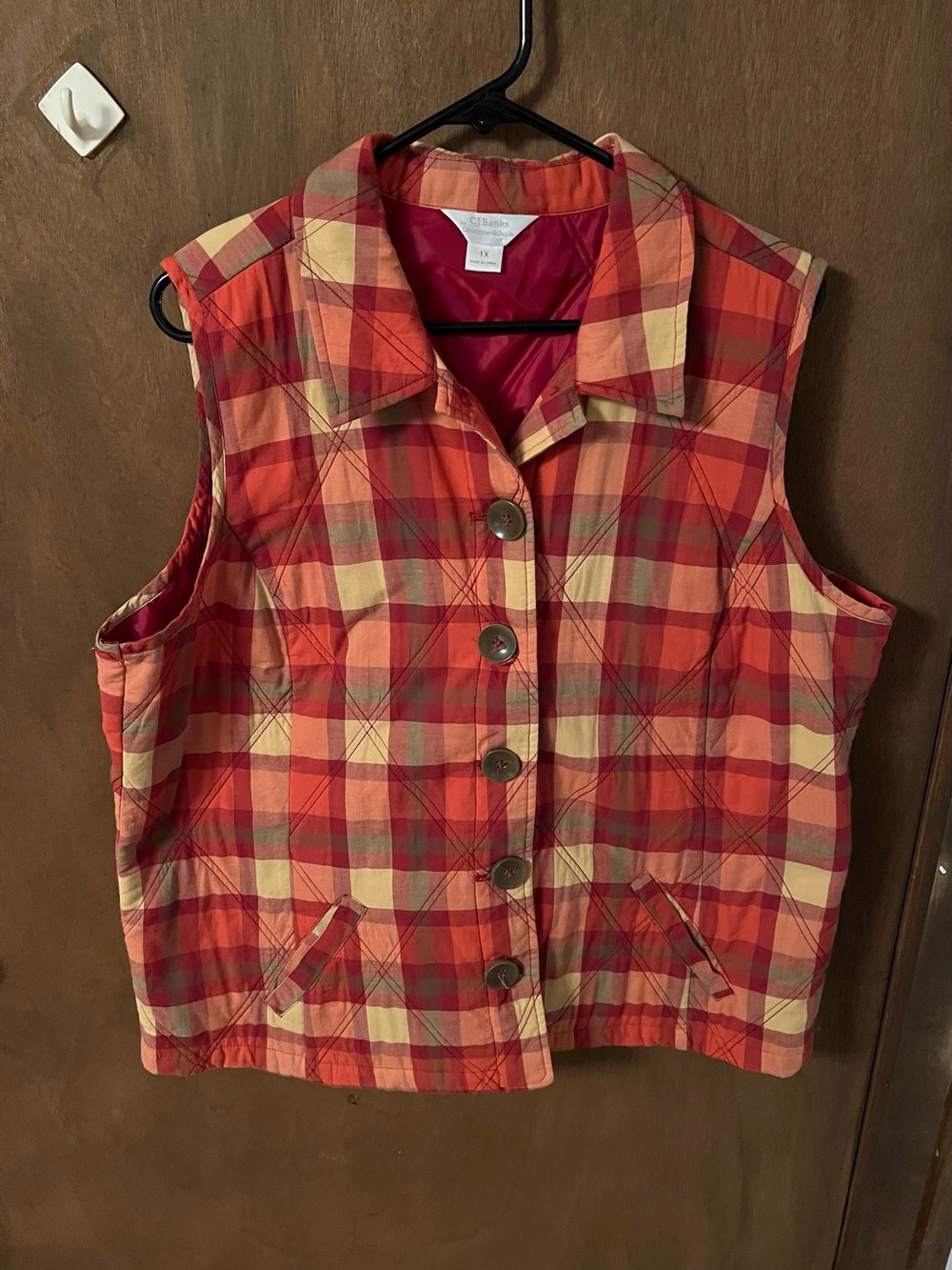 CJ Banks Red, Orange and Yellow Plaid Button Vest